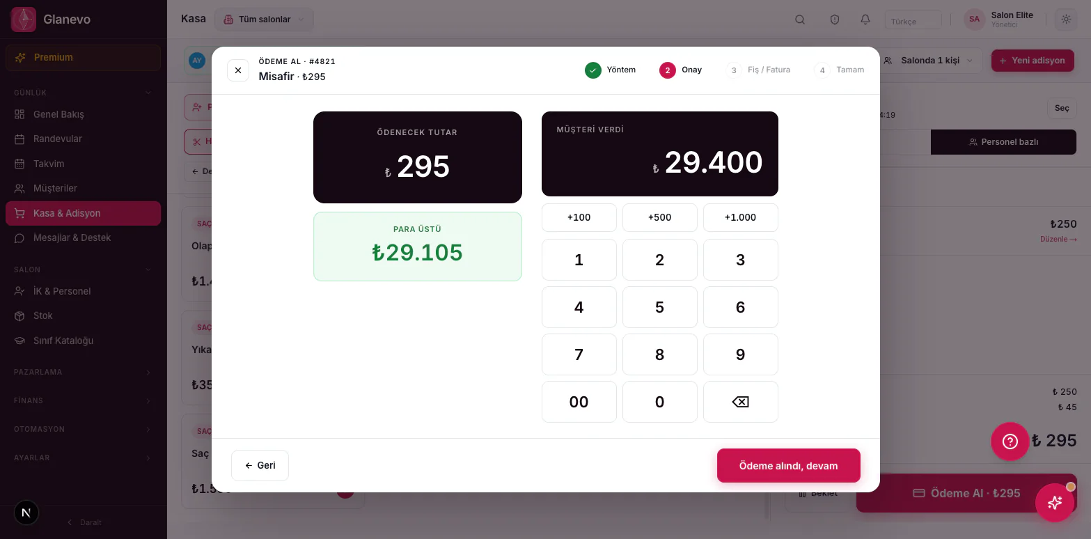 Payment step on the Glanevo till screen: numpad, cash and card options