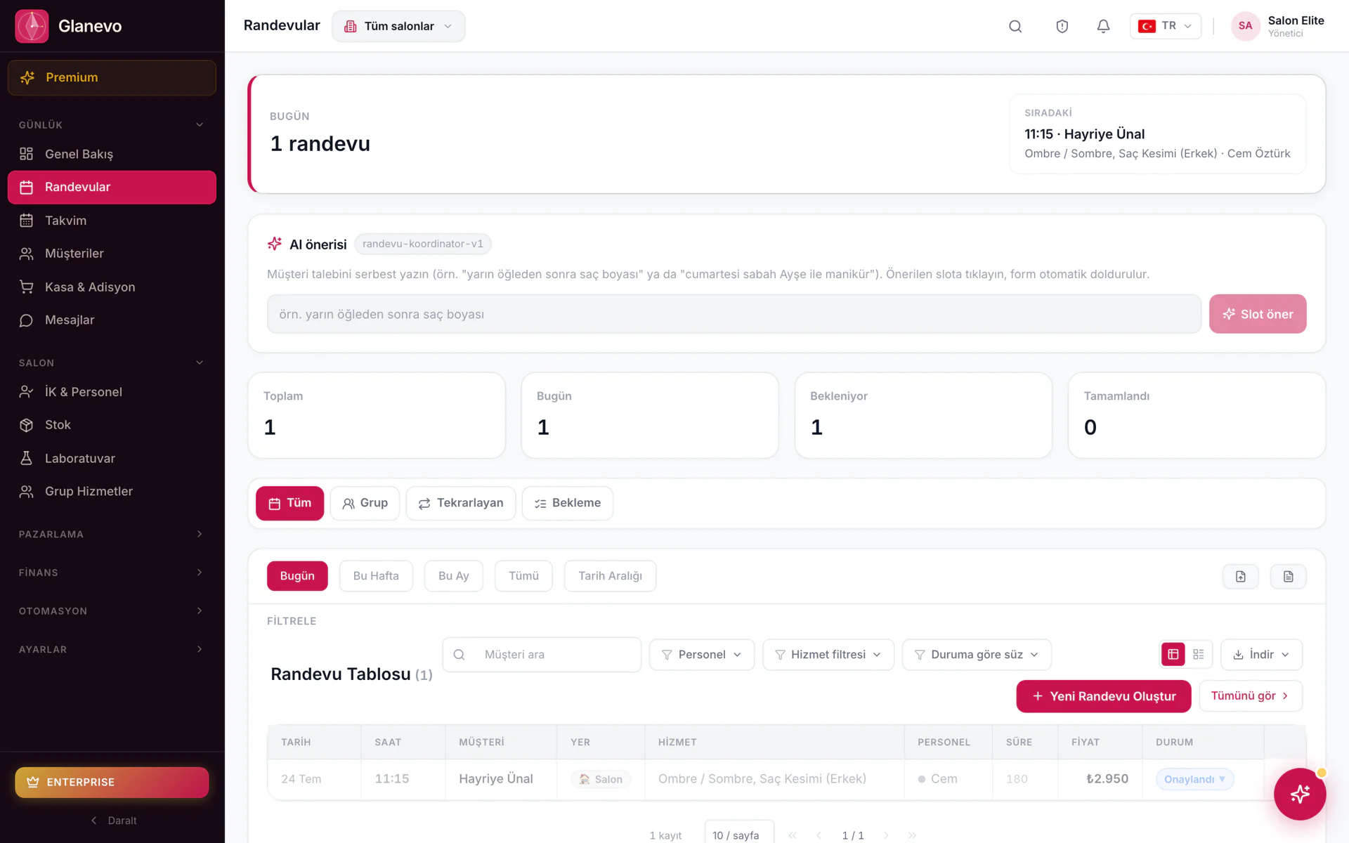 Booking list in the Glanevo panel: date, service, stylist and status columns