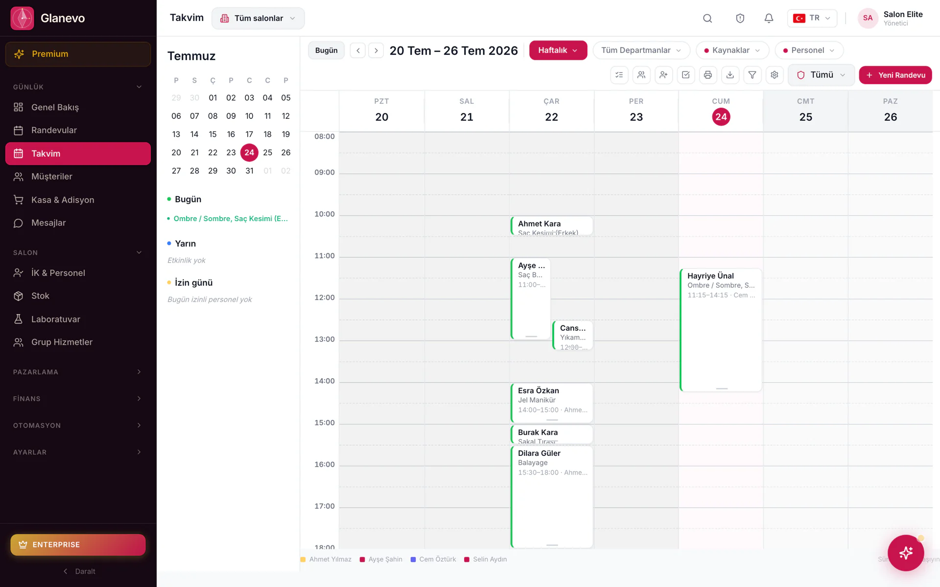 Weekly calendar in the Glanevo panel: stylist columns, colour-coded bookings and filters